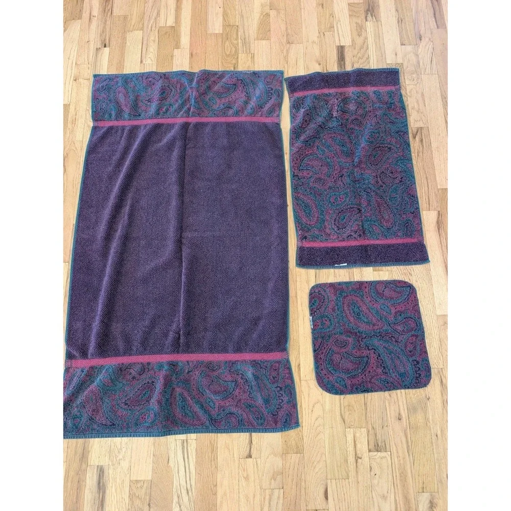 VTG Fieldcrest Royal Velvet Towel Set Paisley Green Burgundy Bath Hand Washcloth
